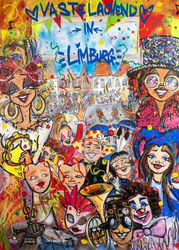 Vastelaovesposter "Vastelaovend in Limburg": kleurrijke schildering van carnavalsvierders