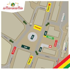 Plattegrond van het terrein rond het Stationsplein met podium, bars, food, toiletten en ingangen